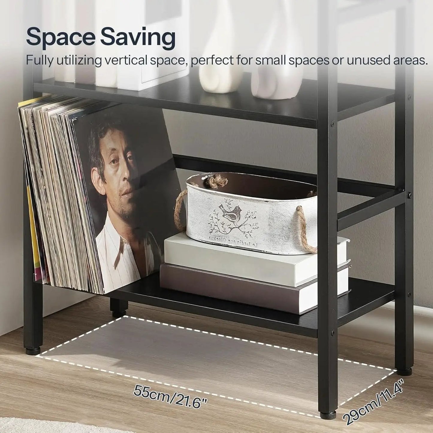 Three Tier Bookshelf Industrial Bookcase And Record Storage Rack With Side Fence Black Metal Frame Rustic Wood from PriceLows™