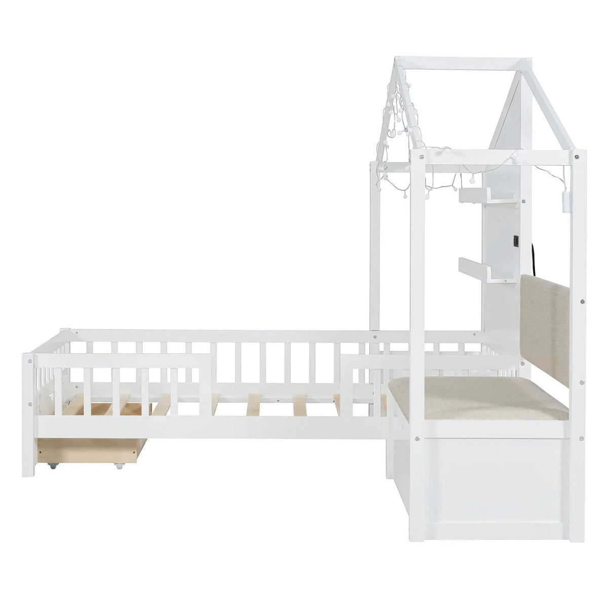 House Bed With Upholstered Sofa, Wireless Charging Station, Shelves And 2 Drawers | 2 Pieces | 2-Drawer | Bedroom
