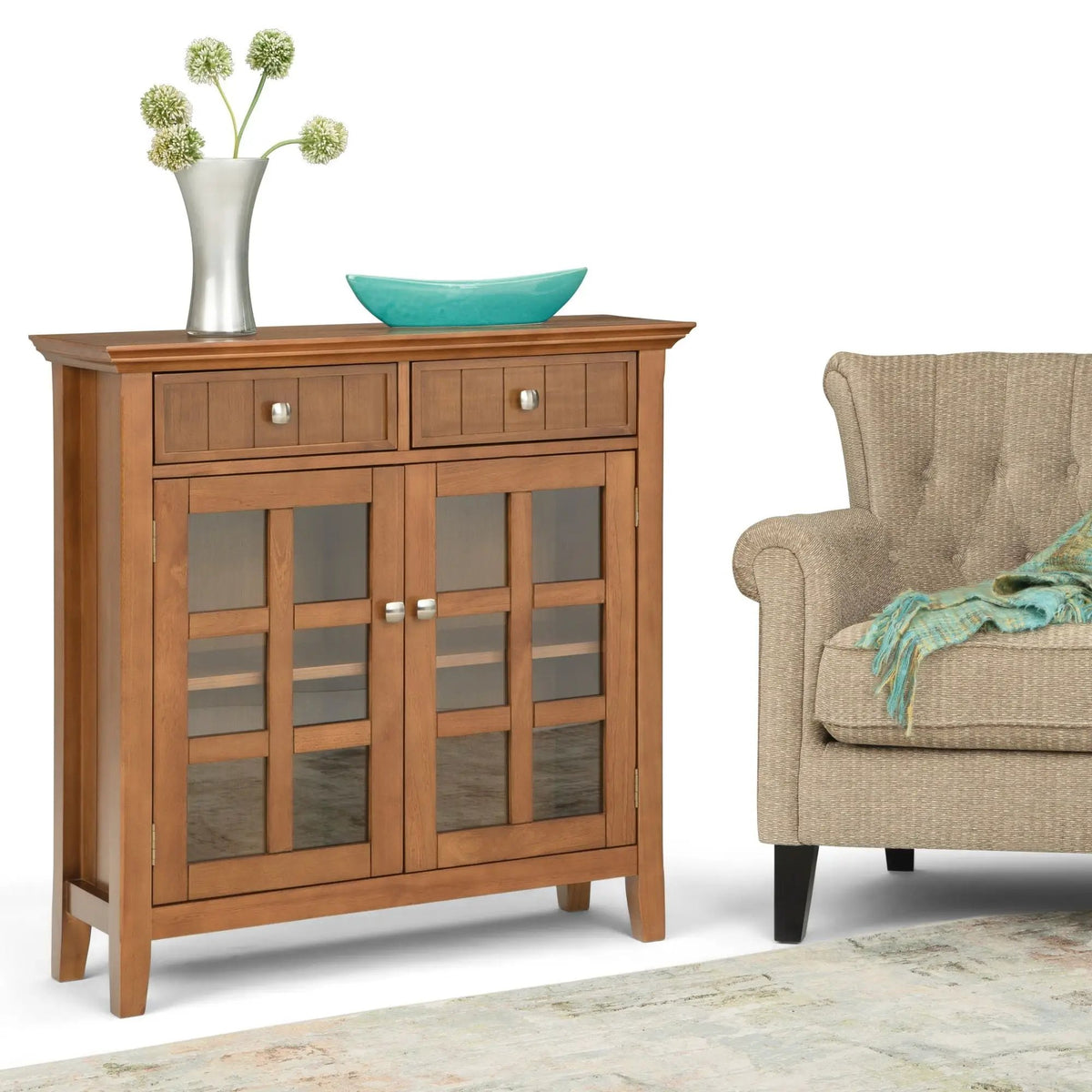 Acadian Entryway Storage Cabinet | Handcrafted Solid Wood | Two Drawers | Tempered Glass Doors