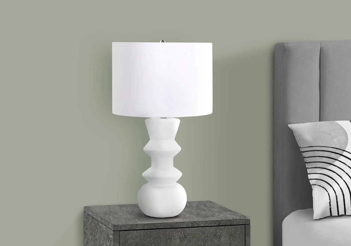 Ceramic Table Lamp | 26 Inch Height | Geometric Base | Ivory Fabric Shade And 3-Way Switch