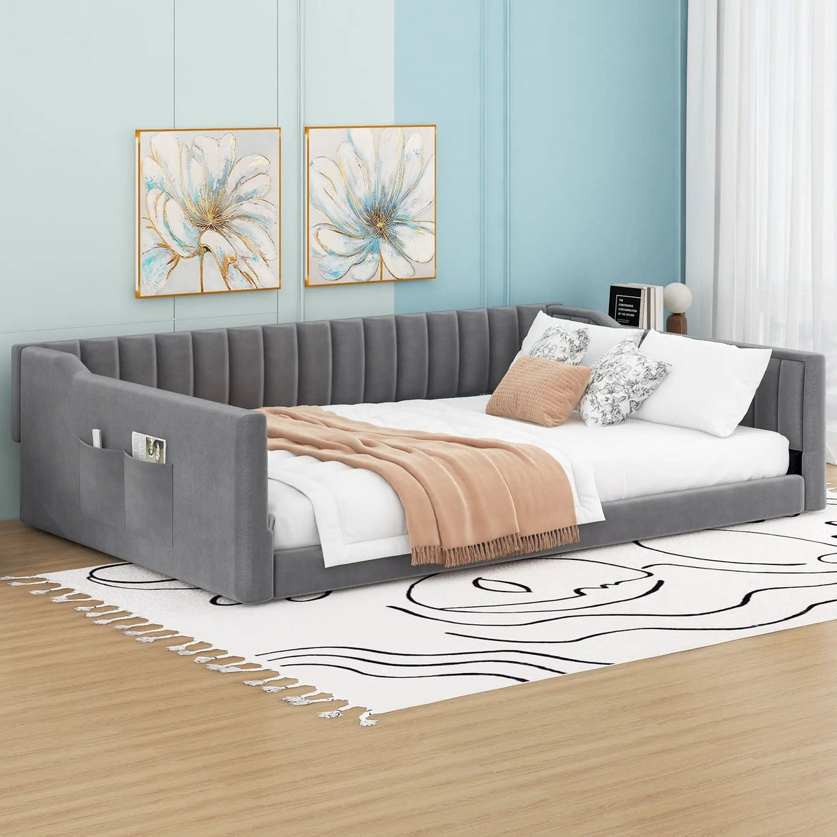 Compact Daybed | Side Storage Pocket | Vertical Stripe Upholstery | 87.8 Inch Length