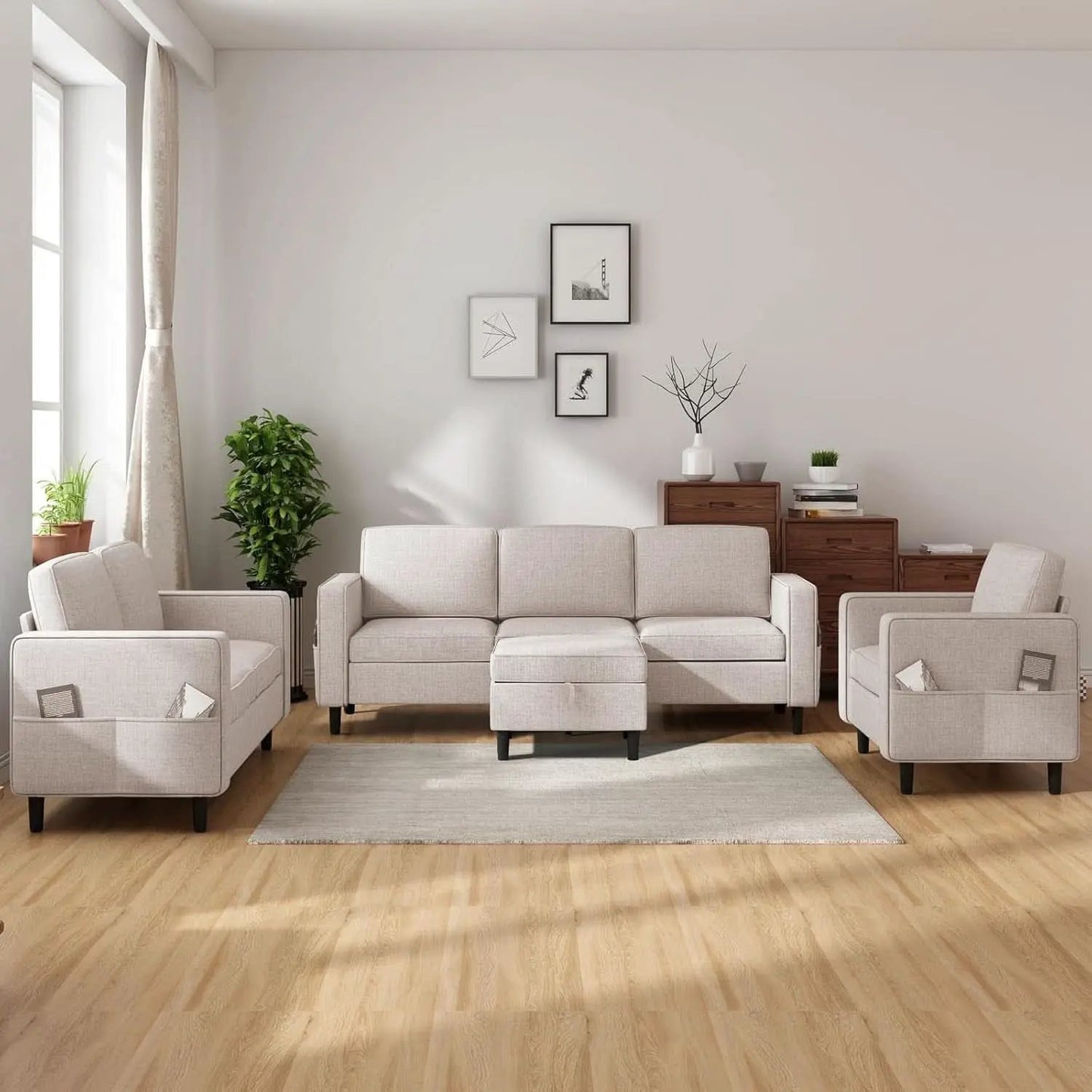 Beige 6 Seater Sectional Sofa With Movable Ottoman from PriceLows™