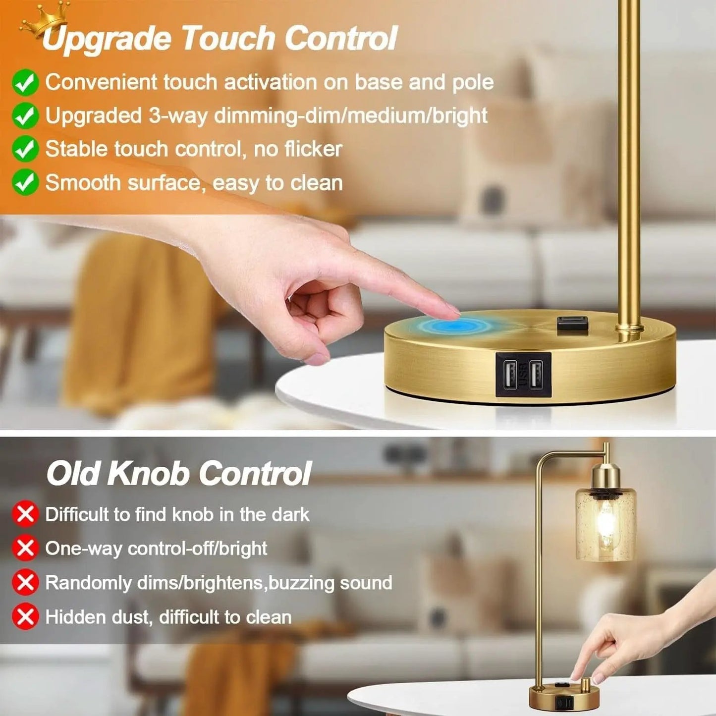 Industrial Touch Table Lamps Set Of 2 With USB Ports And AC Outlet Brass from PriceLows™
