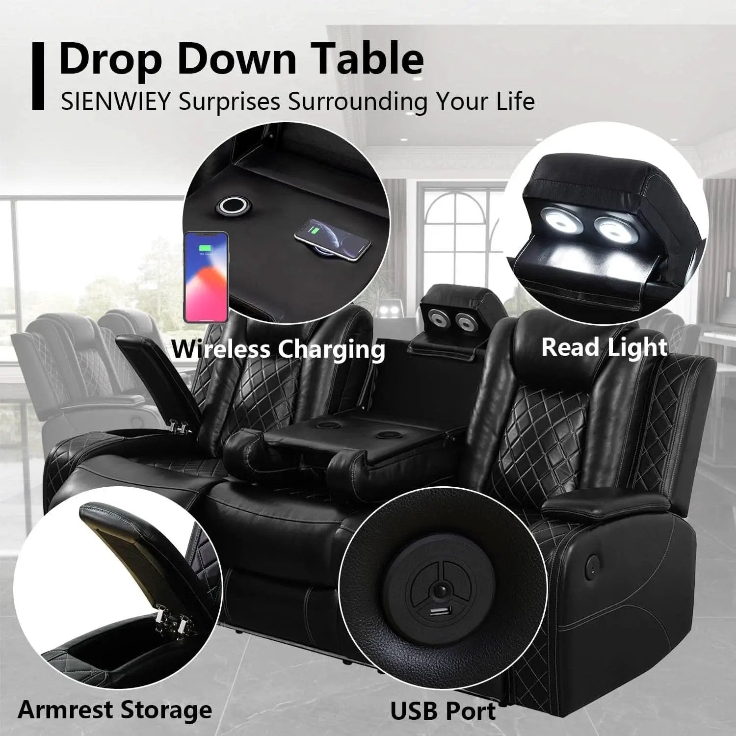 Black Leather Reclining Sofa Set With LED Light Living Room from PriceLows™