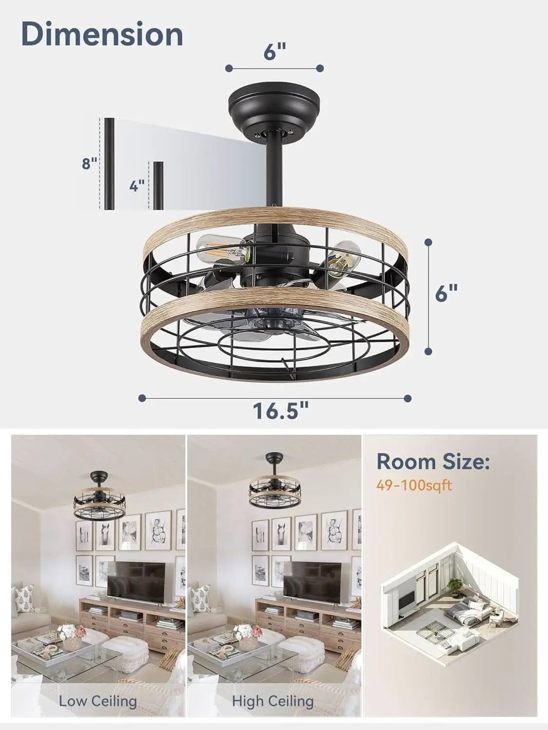 16.5 Inch Rustic Brown Caged Ceiling Fan With Light from PriceLows™