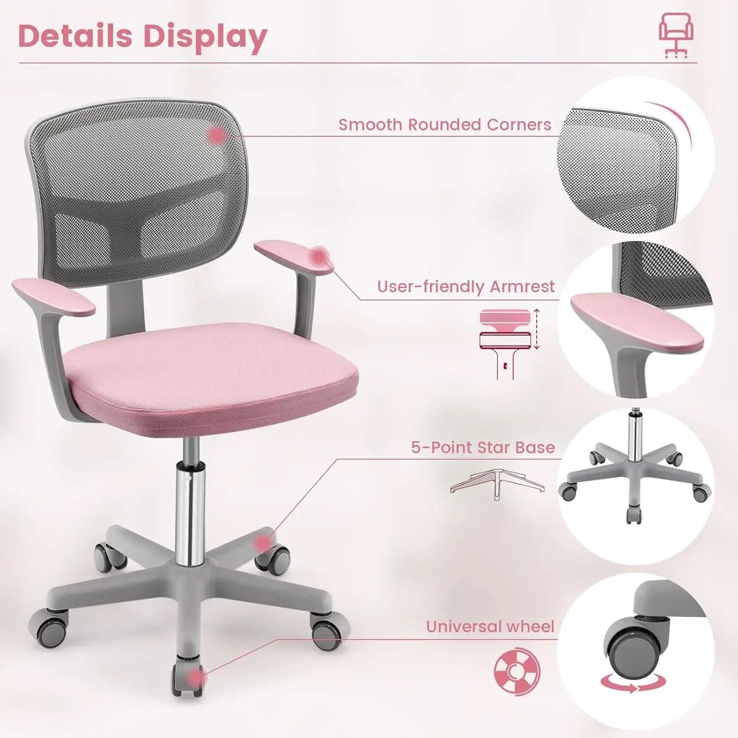 Kids Desk Chair Pink Height Adjustable Lumbar Support from PriceLows™