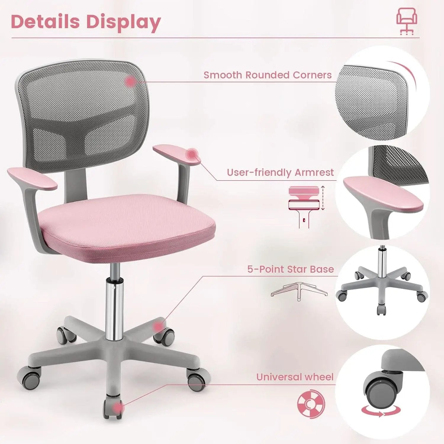 Kids Desk Chair Pink Height Adjustable Lumbar Support from PriceLows™