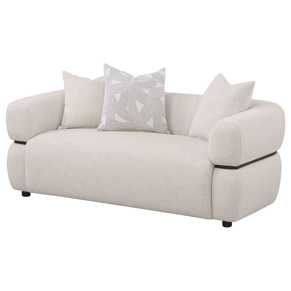 Jeanette 73-inch Fabric Upholstered Round Arm Loveseat | 72.75 x 37 x 28 in | Solid Wood & Fabric | Beige