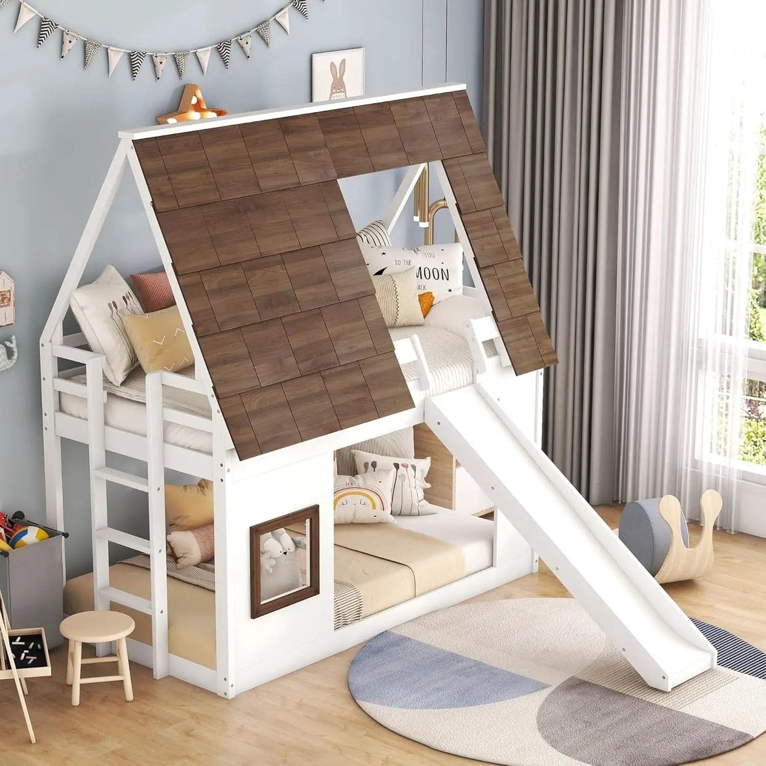 Twin Over Twin Bunk Bed With Slide For Kids Room Ready from PriceLows™