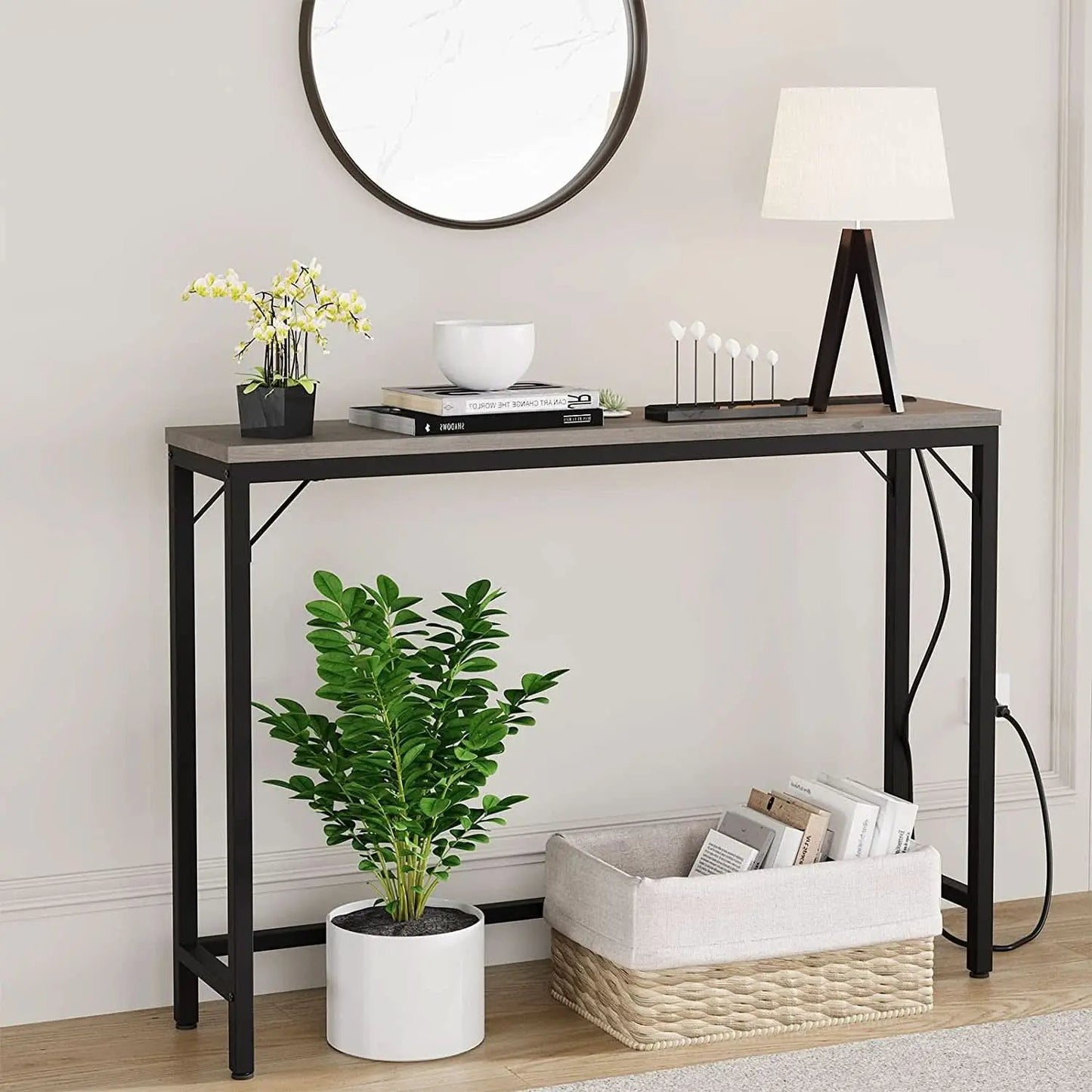 Industrial Grey Console Table With Charging Station from PriceLows™