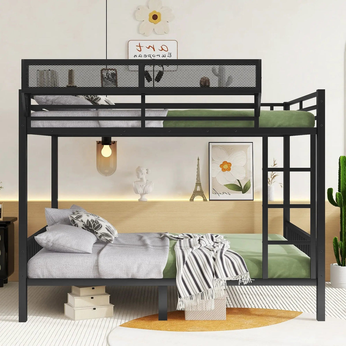 Queen Over Queen Bunk Bed | Durable Steel Frame | Storage Shelf | Black