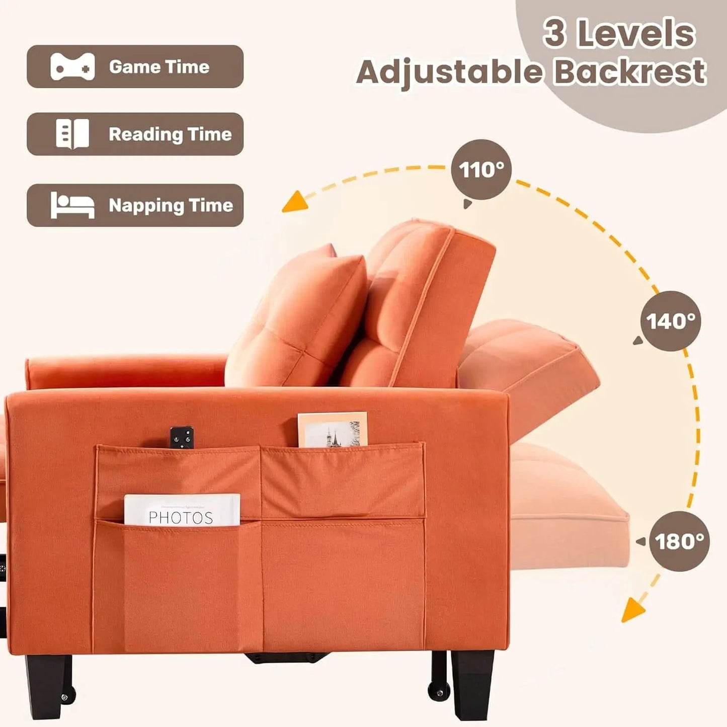 Three In One Velvet Orange Convertible Sleeper Chair from PriceLows™