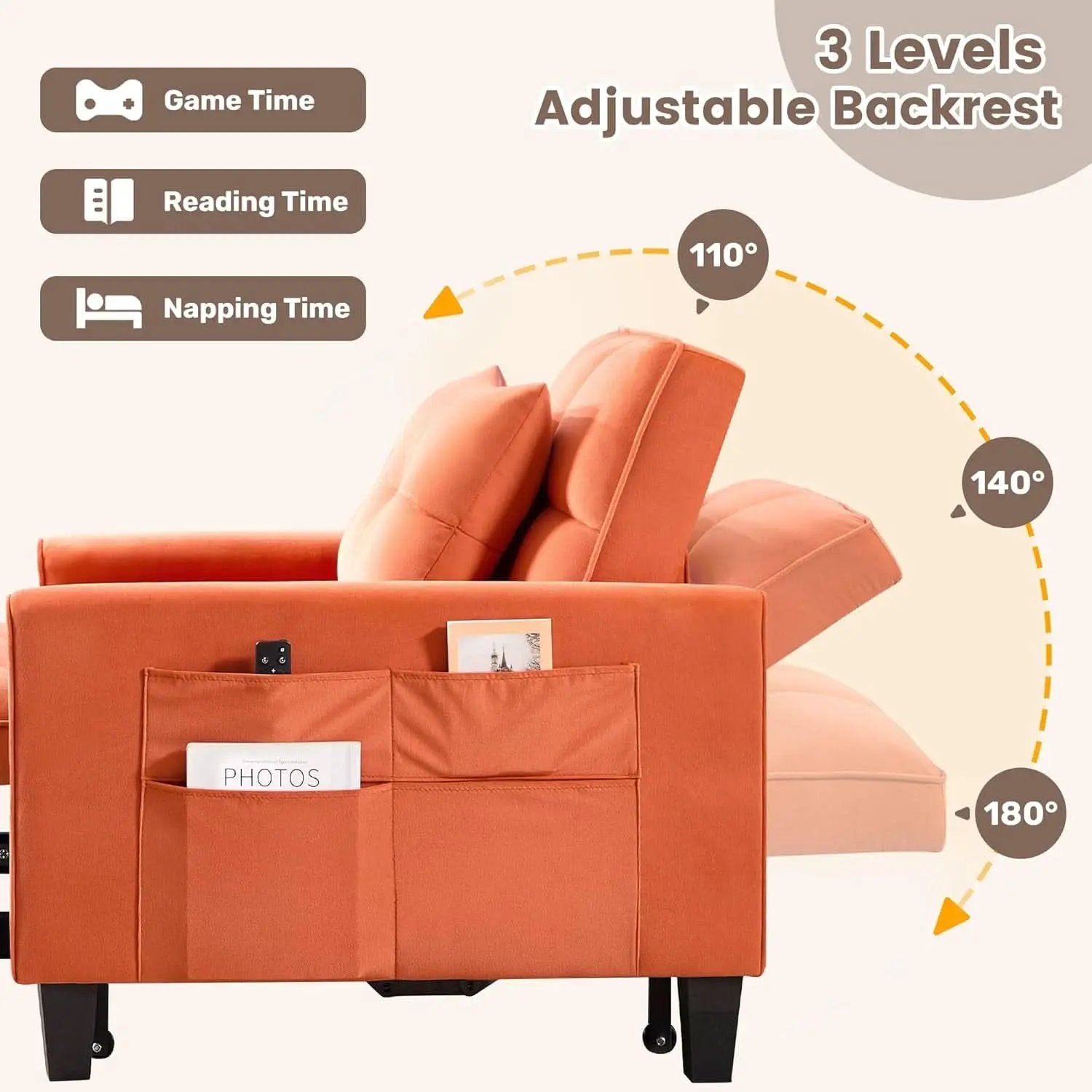 Three In One Velvet Orange Convertible Sleeper Chair from PriceLows™