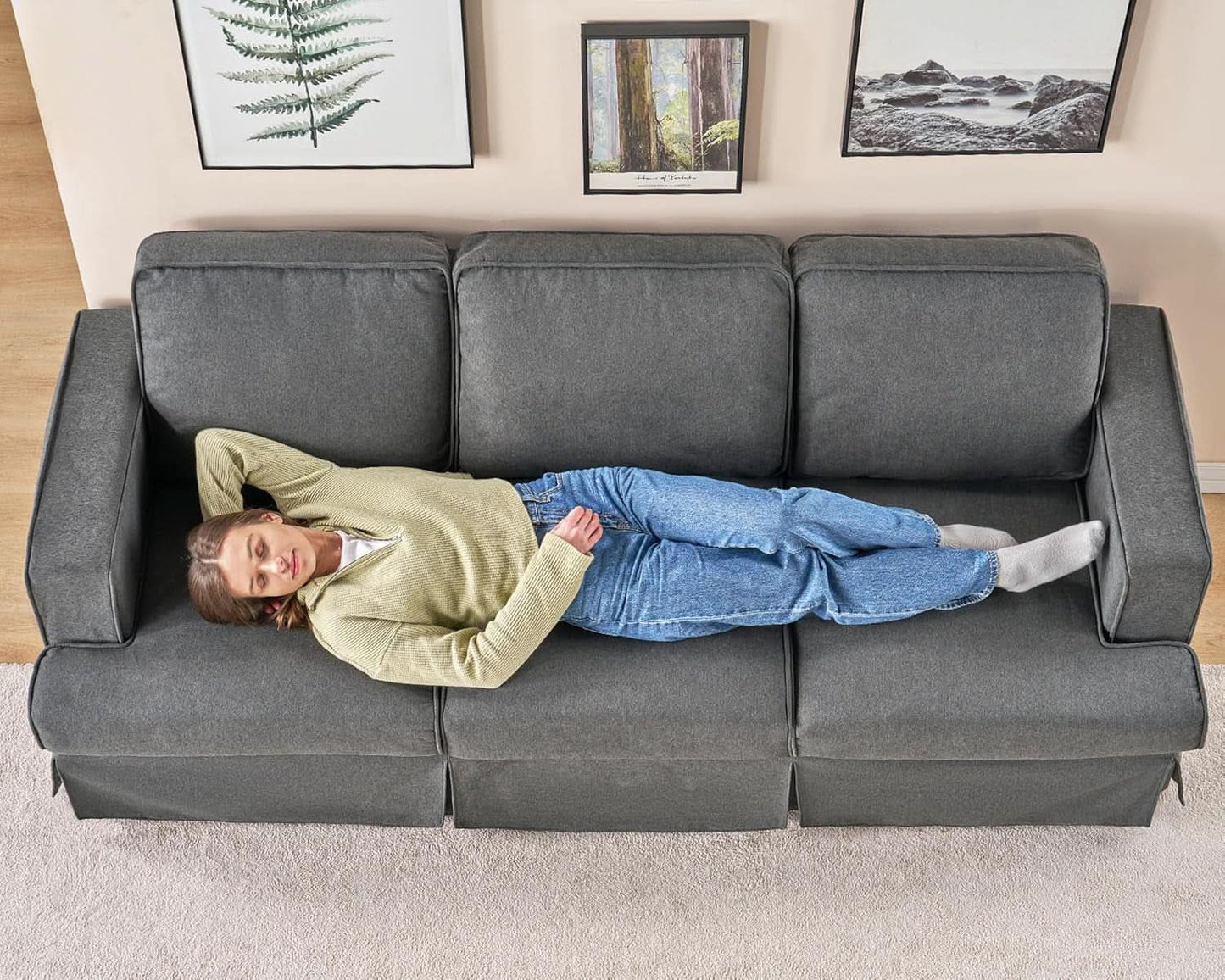 89 Inch Slipcovered Linen Grey Sofa 3 Seater Couch from PriceLows™