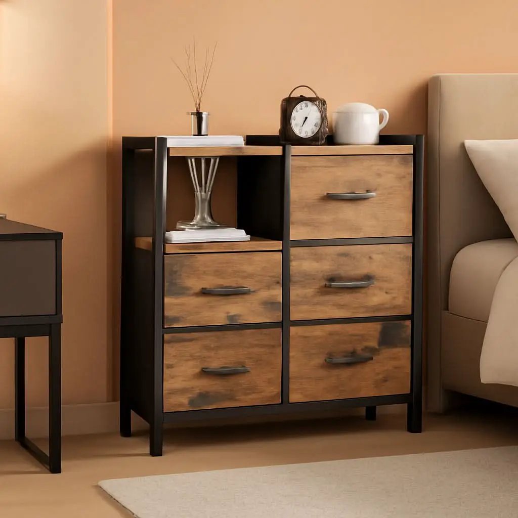 5 Drawer Rustic Brown Dresser With Metal Frame For Bedroom from PriceLows™