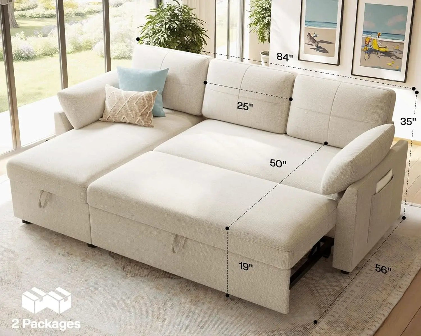 Linen Beige Multifunctional Sleeper Sofa With Storage from PriceLows™