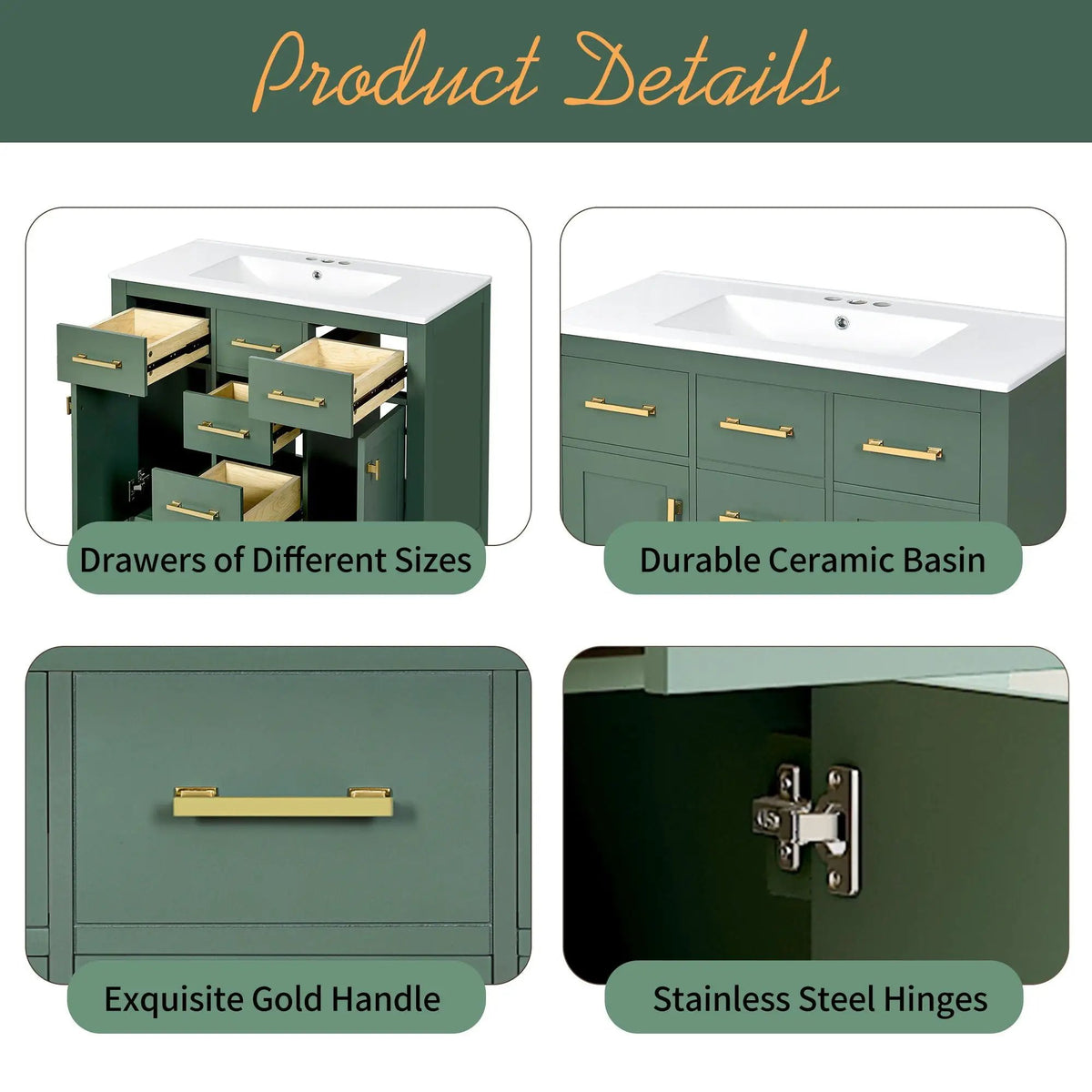 36 Inch Bathroom Vanity | Resin Sink Combo Set | 4 Drawers | Solid Wood Feet