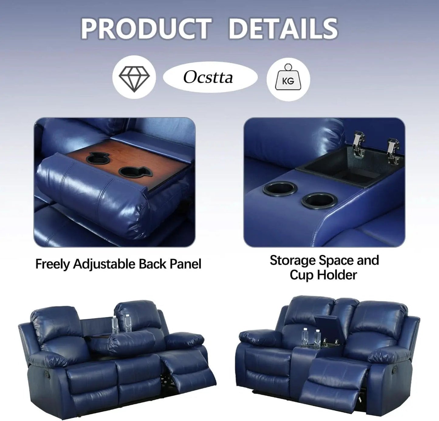 Manual Leather Recliner Sofa Set Blue Living Room Furniture from PriceLows™