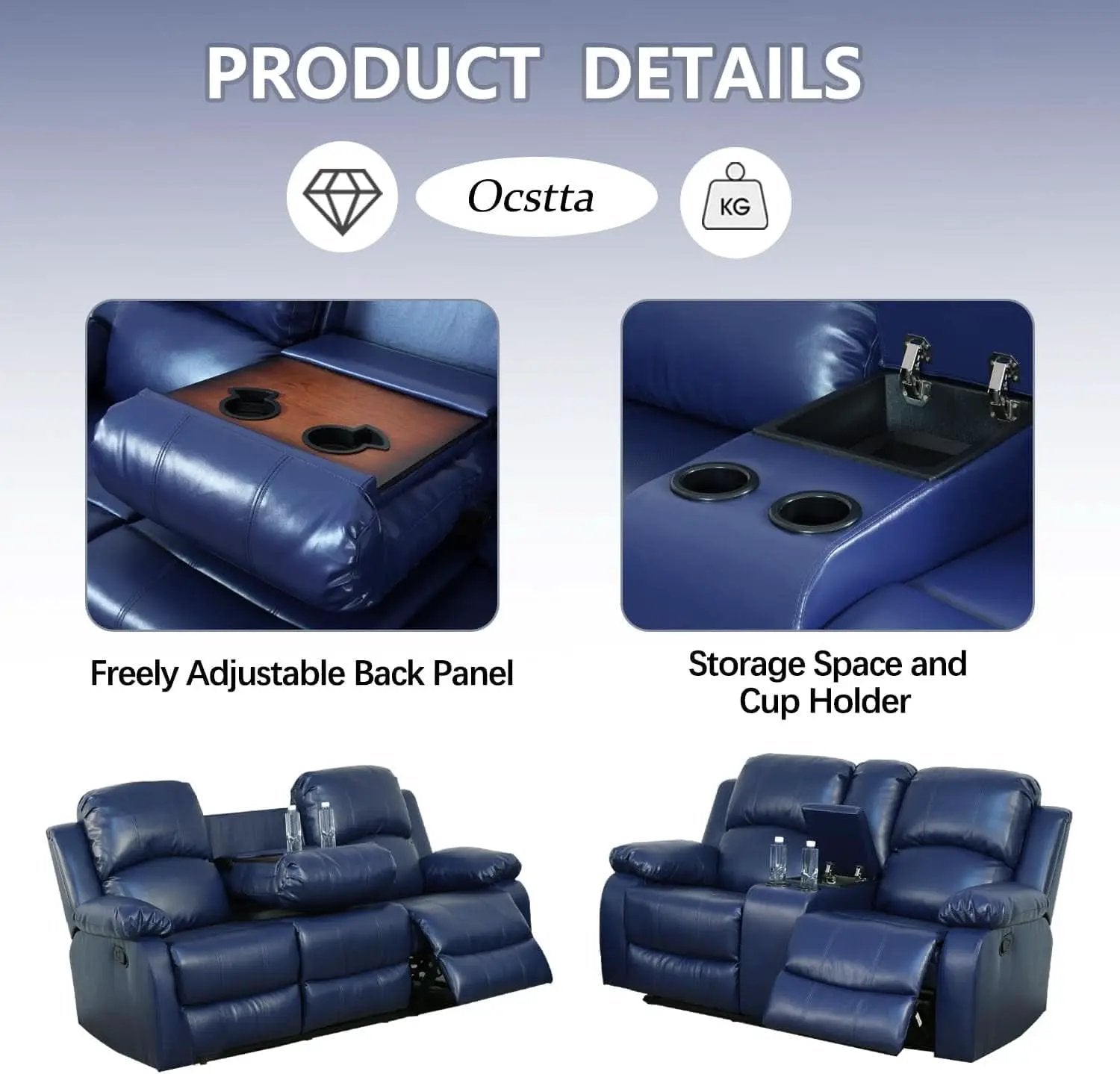 Manual Leather Recliner Sofa Set Blue Living Room Furniture from PriceLows™