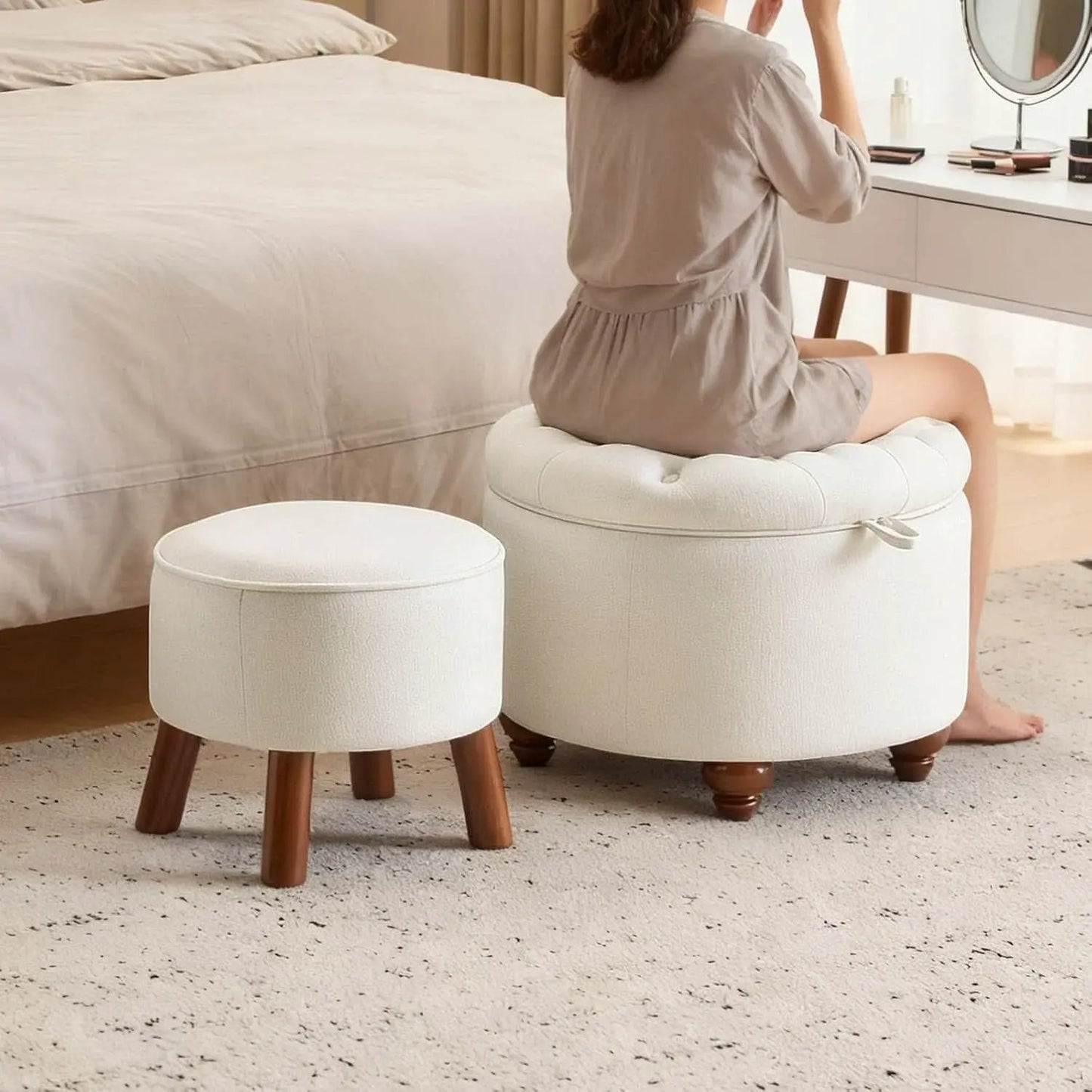 24 Inch Round Beige Storage Ottoman Removable TopWith Storage from PriceLows™