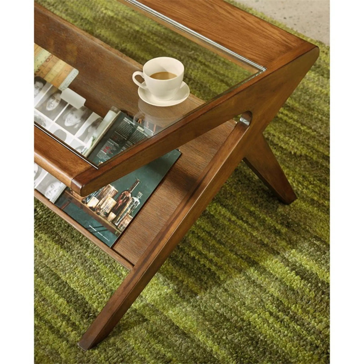 Tempered Glass Coffee Table | Walnut Pecan Finish | Solid Wood Frame | Angular Design