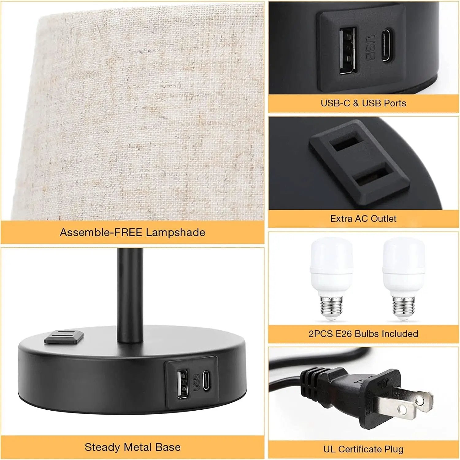 Set of 2 Mini Bedside Lamps With USB C And AC Outlets from PriceLows™