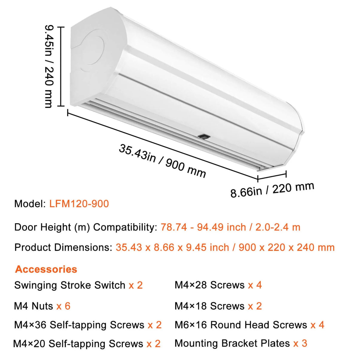 Commercial Wall-Mounted Air Curtain | 36 Inch 900CFM | 2-Speed Control | 110V Indoor Door Use