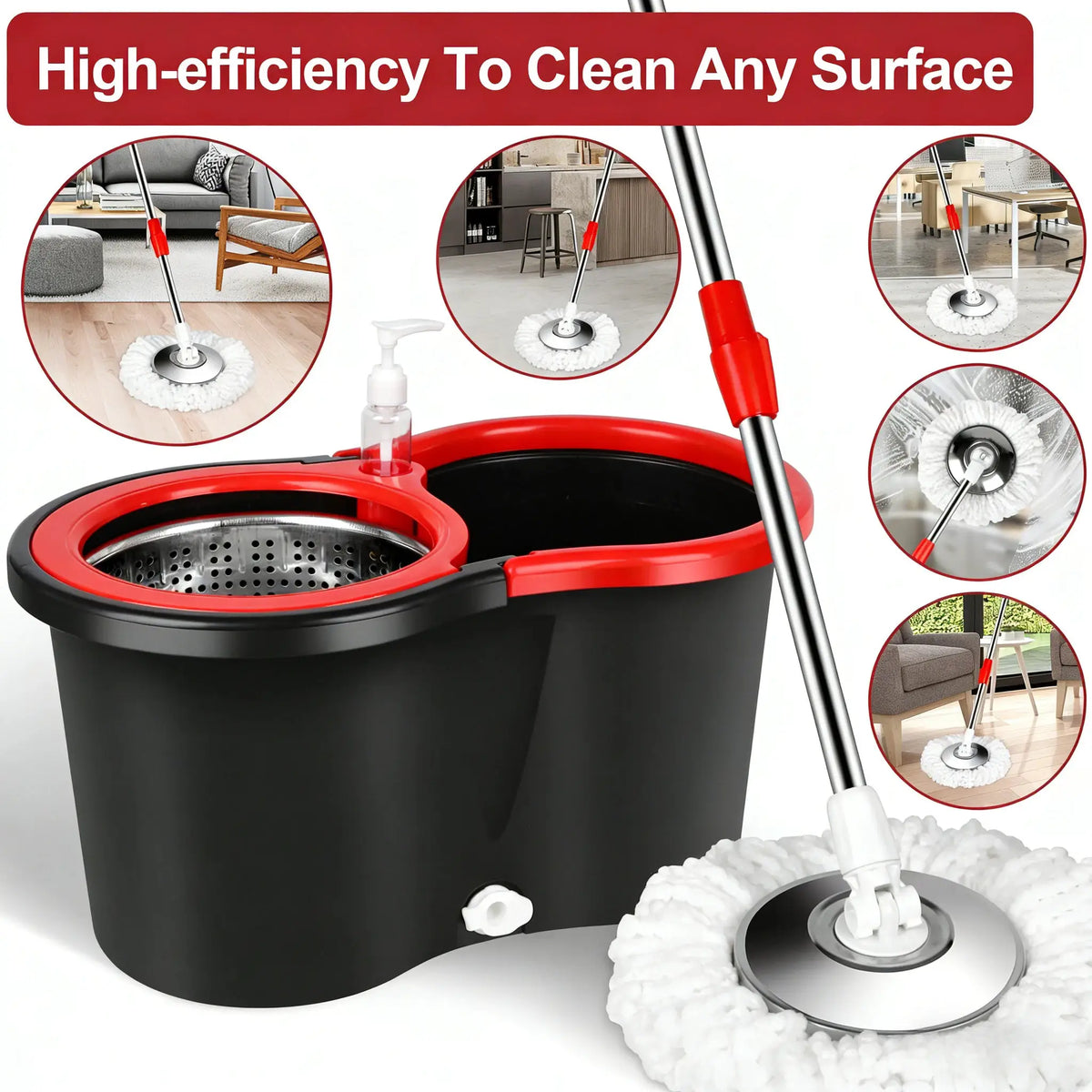 360° Spin Mop and Bucket Set, Self Wringing Floor Cleaning System with 3 Refill Heads, Adjustable Handle for Home Hard Floors from PriceLows™