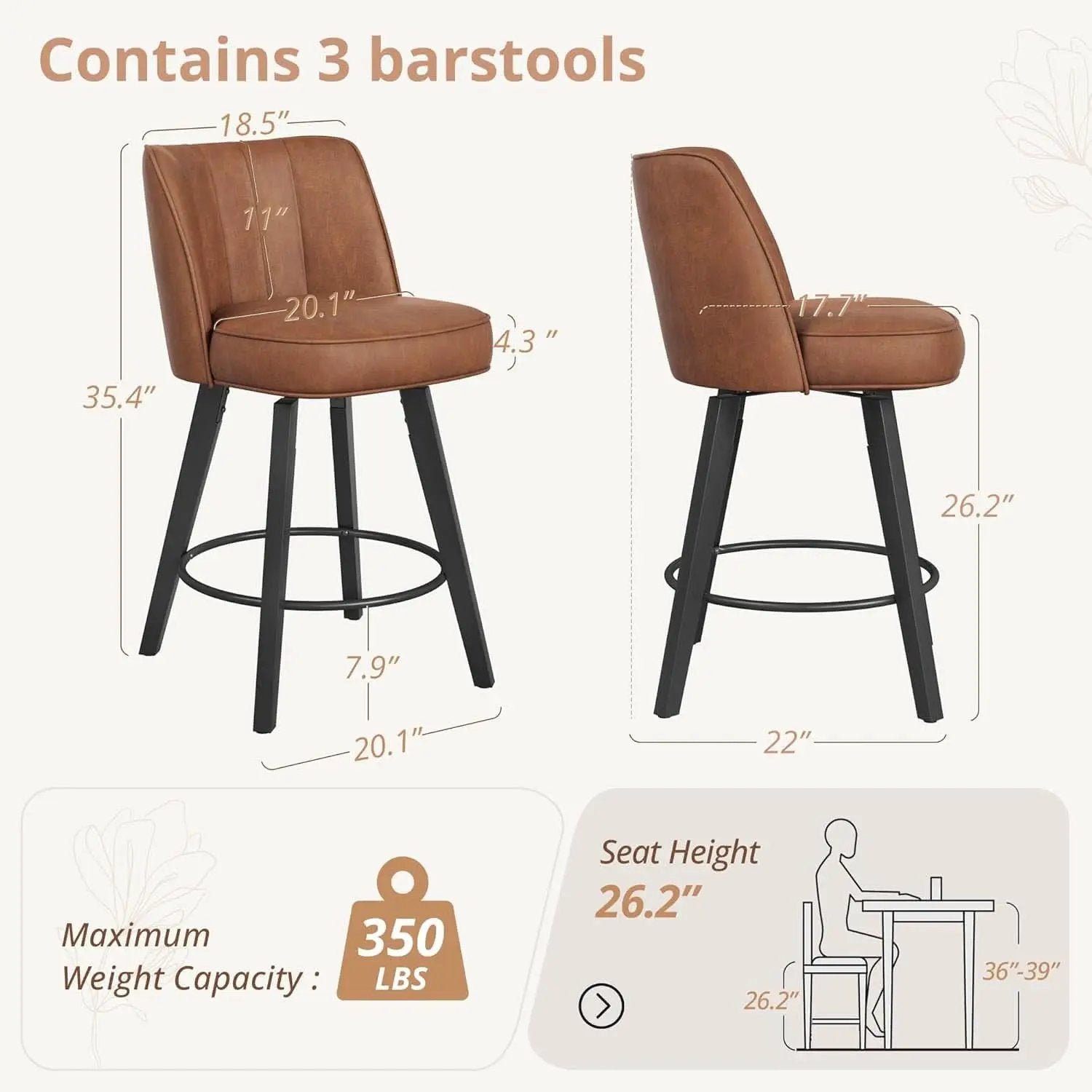 Set of 3 26 Inch Counter Height Bar Stools Swivel Wood Legs from PriceLows™