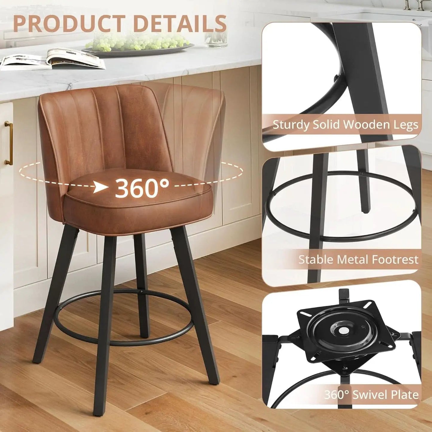 Set of 3 26 Inch Counter Height Bar Stools Swivel Wood Legs from PriceLows™