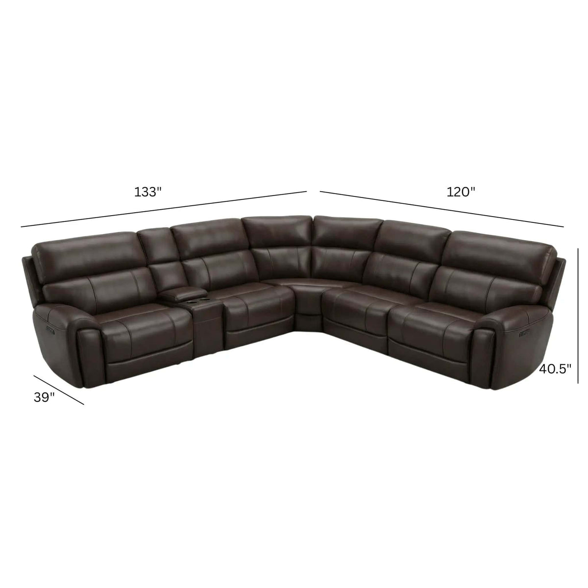 Brazil Power Sectional With Adjustable Headrest & Footrest | Reclining Sectional | Leather & Metal | Dark Brown