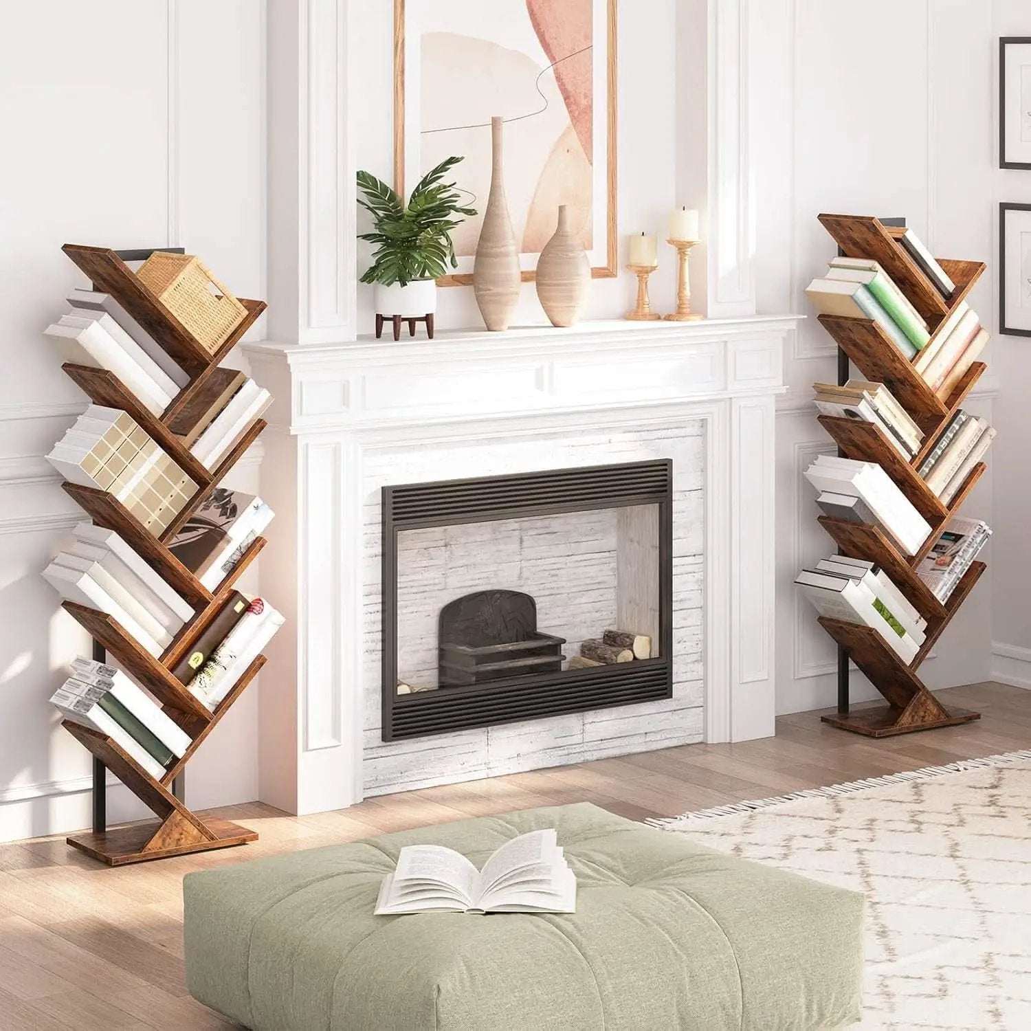 Tree Bookshelf 9 Tier Rustic Brown Living Room Bookcase from PriceLows™