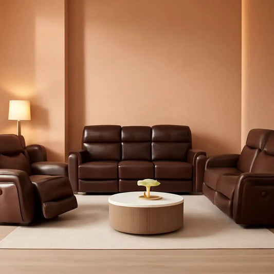 Power Recliner Sofa Set | Built In Charging | Independent Reclining Per Seat | 3 Piece Brown