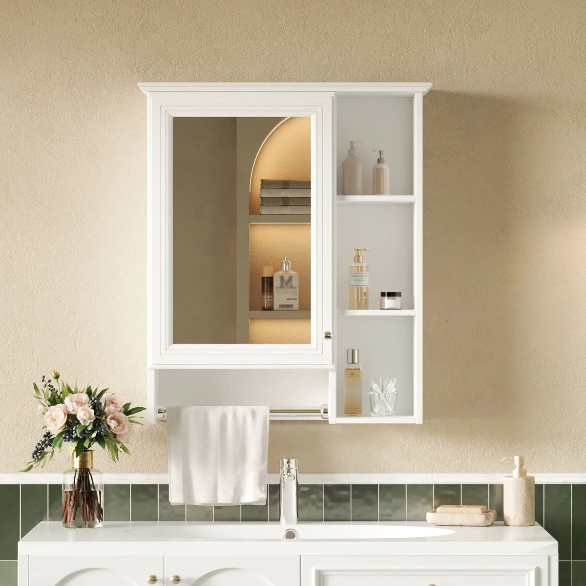 3-In-1 Bathroom Mirror Cabinet | Adjustable Shelf | Towel Bar | Full-Length Mirror