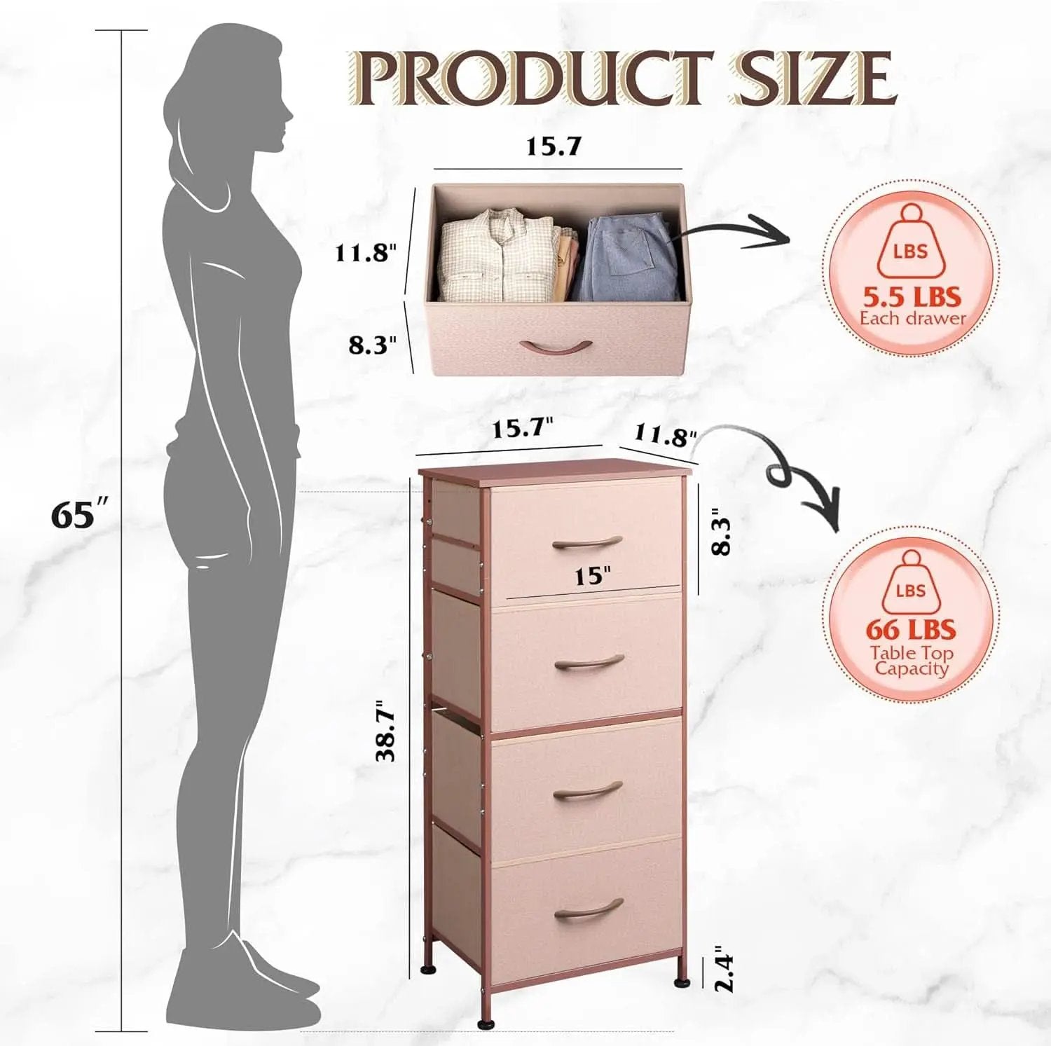 4 Drawer Pink Rose Gold Fabric Dresser With Wood Top from PriceLows™