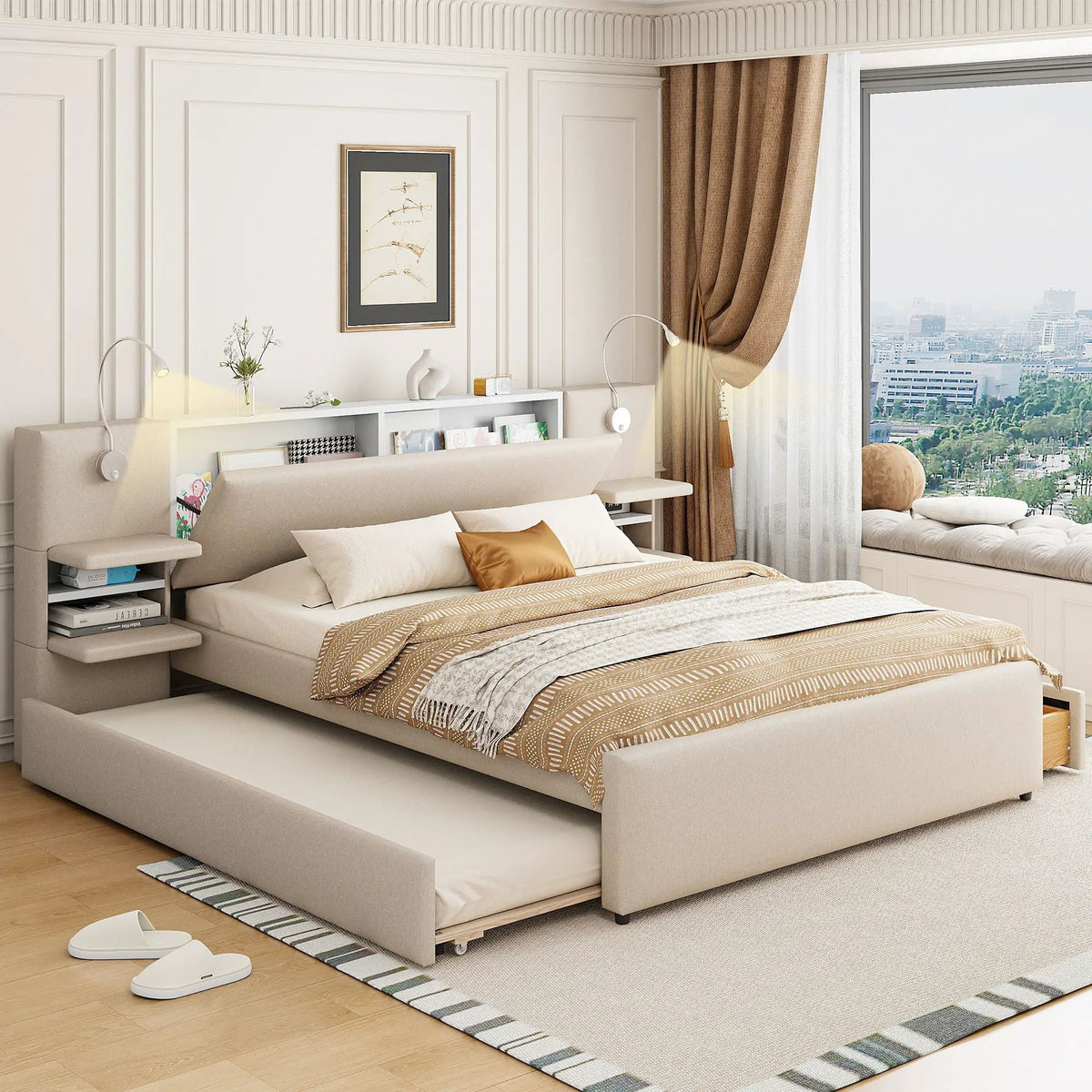 Upholstered Platform Bed | Reading Lights | Drawers And Trundle | Storage Shelves