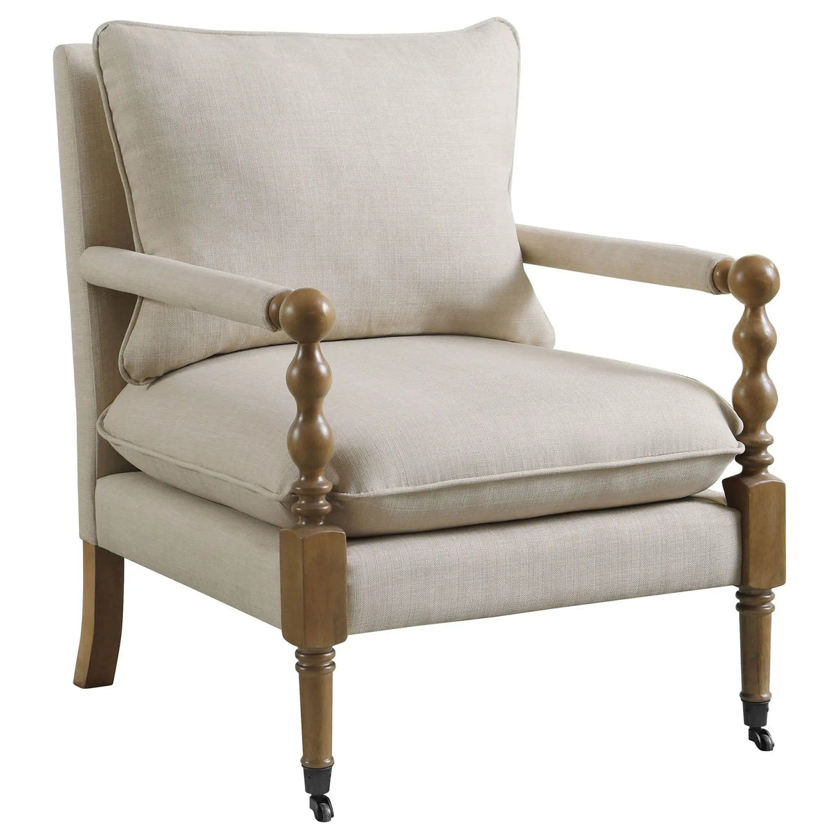 Dempsy Upholstered Accent Chair with Casters | 26.5 x 31 x 35.5 in | Rubberwood & Linen | Beige