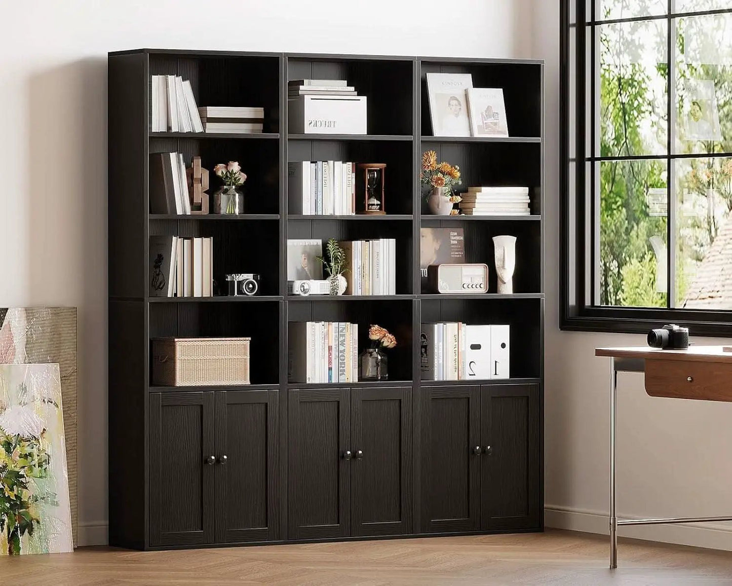 Black Six Tier Floor Standing Bookshelf With Doors from PriceLows™