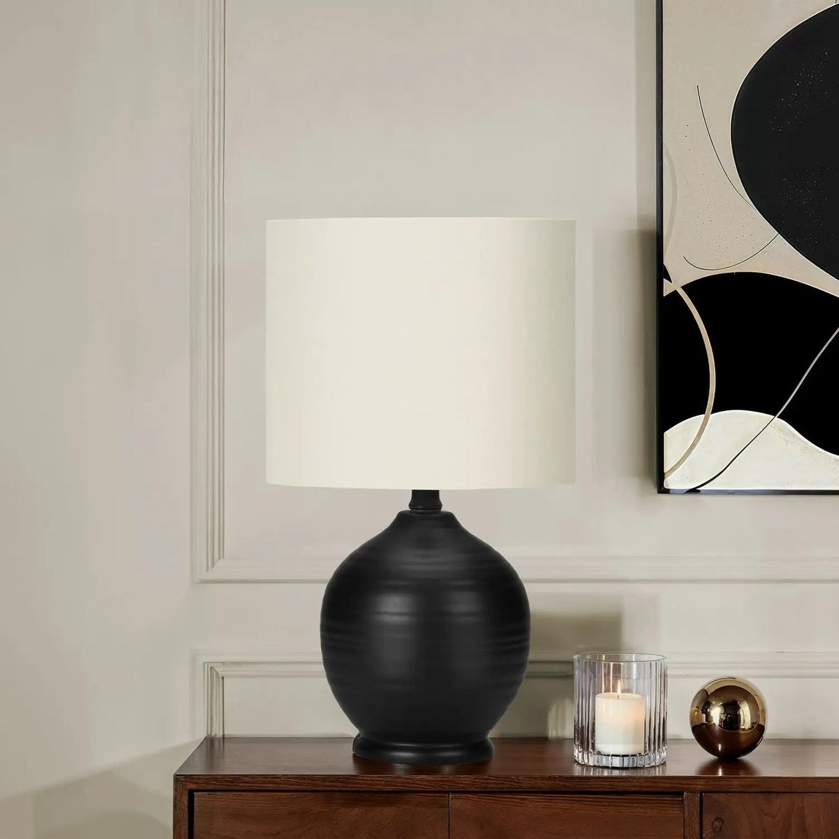 Black Ceramic Table Lamp | Transitional Design | 16.5 Inch Height | Ivory Linen Shade