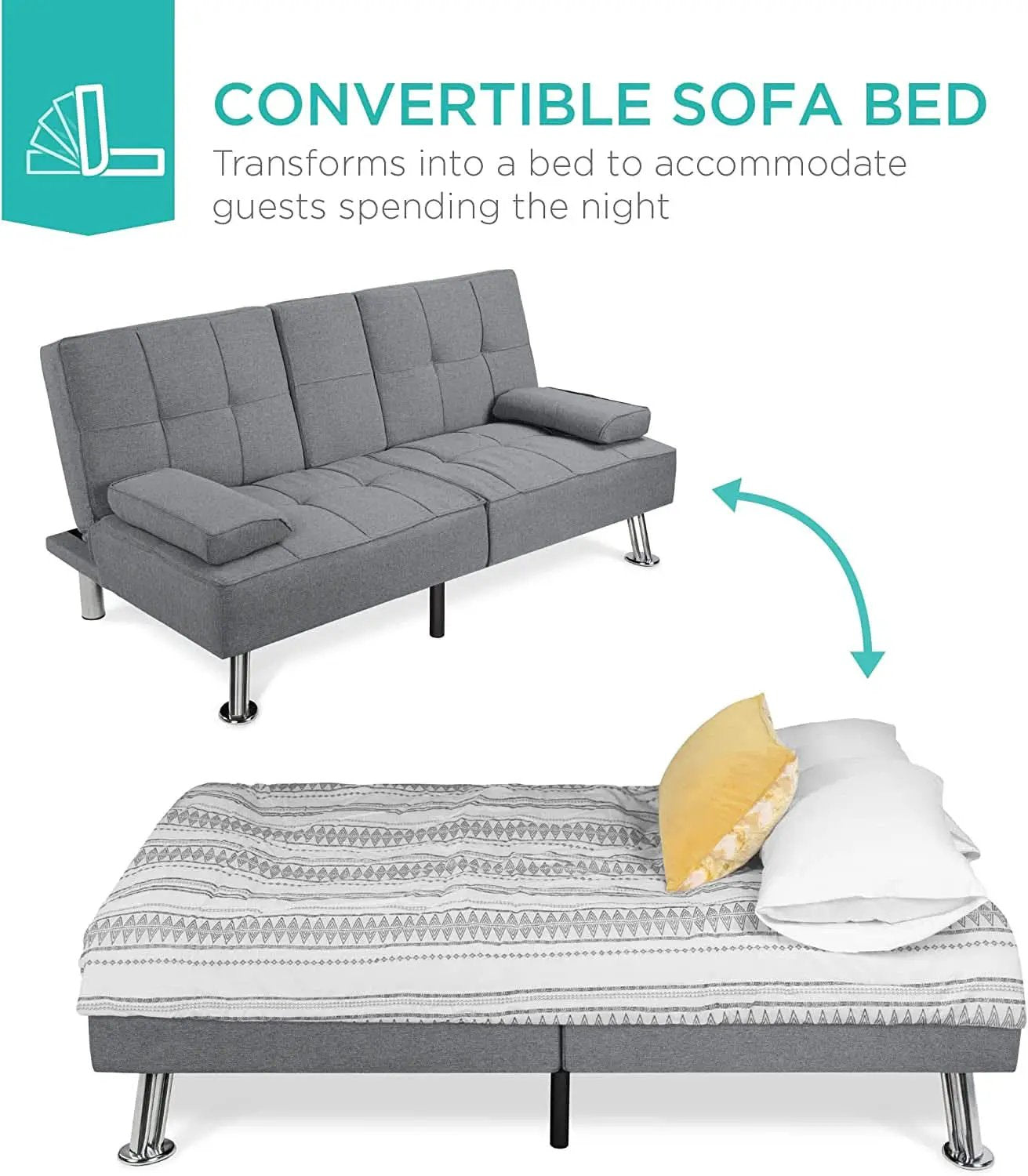 Gray Linen Modern Folding Futon Sofa Bed With Armrests from PriceLows™