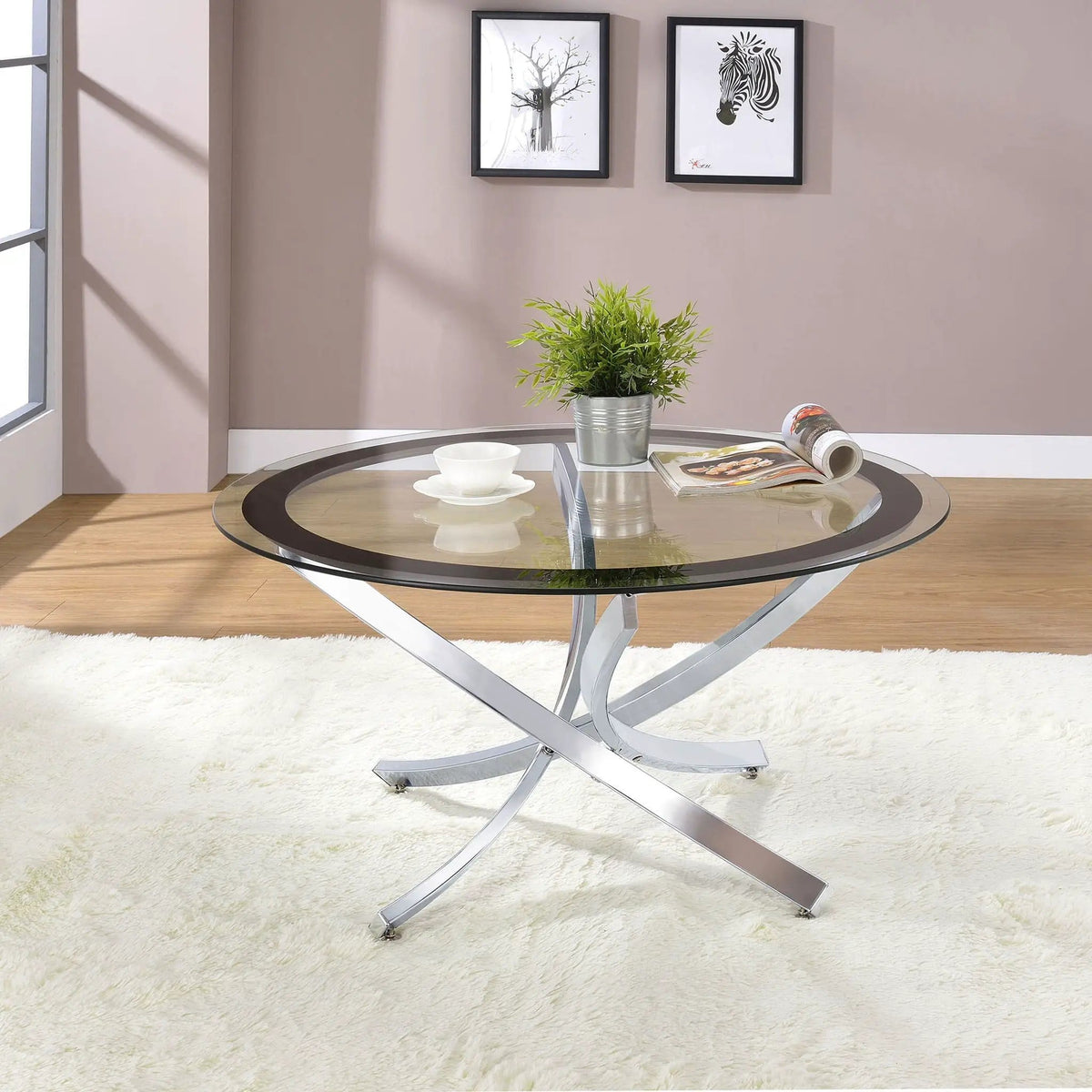 Brooke Round Glass Top Coffee Table Metal Base Chrome | 35.5 x 35.5 x 20 in | Tempered Glass & Metal | Living Room