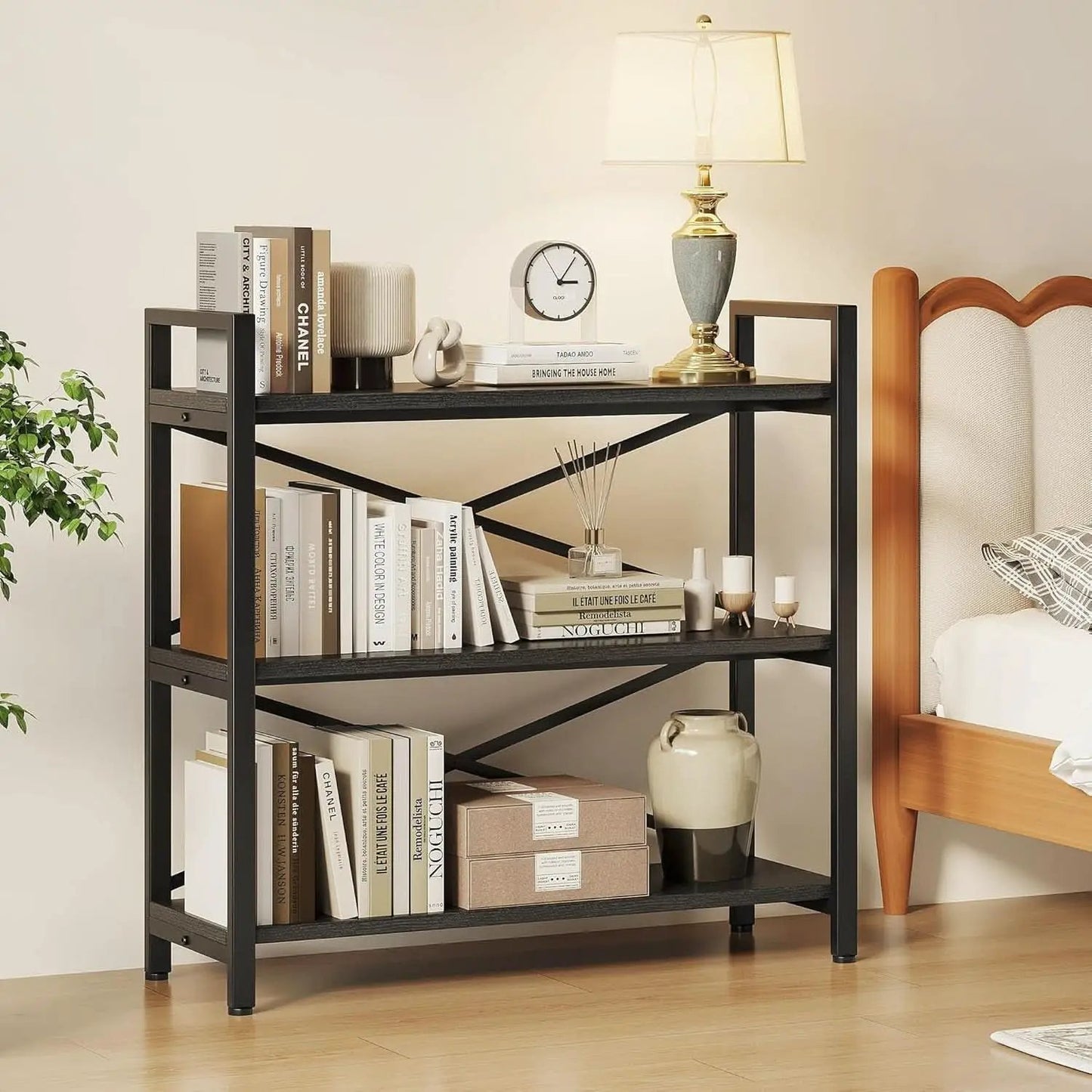 3 Tier Bookshelf 31 Inch Width Wood And Metal Etagere Black from PriceLows™