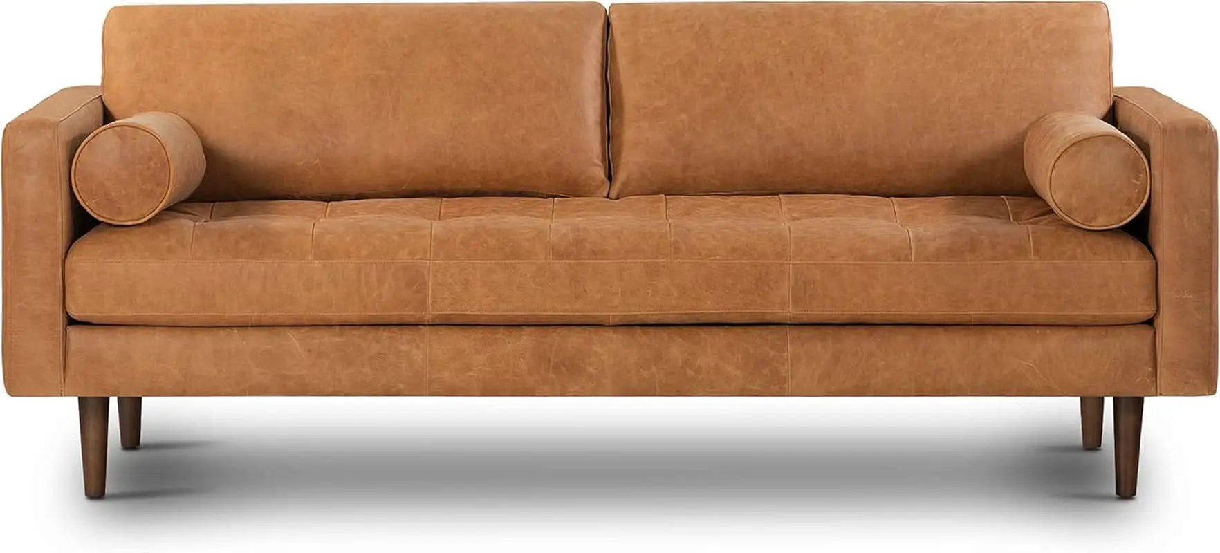 Cognac Tan Leather Mid Century Sofa With Bolsters In Stock from PriceLows™