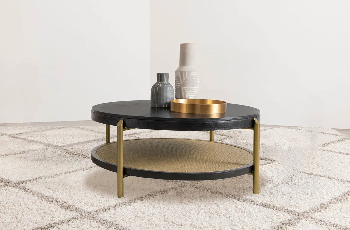 Arini Round Coffee Table With Storage Shelf | 40.75 x 40.75 x 17.25 in | Rattan & Metal | Black