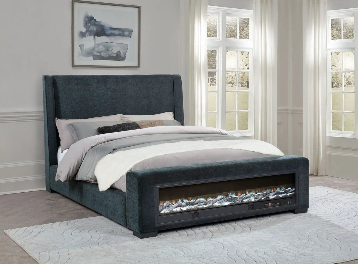 Preston Upholstered Queen Audio Flame Visualizer Bed Dark | 68.25 x 96.5 x 51.25 in | Engineered Wood & Fabric | Blue