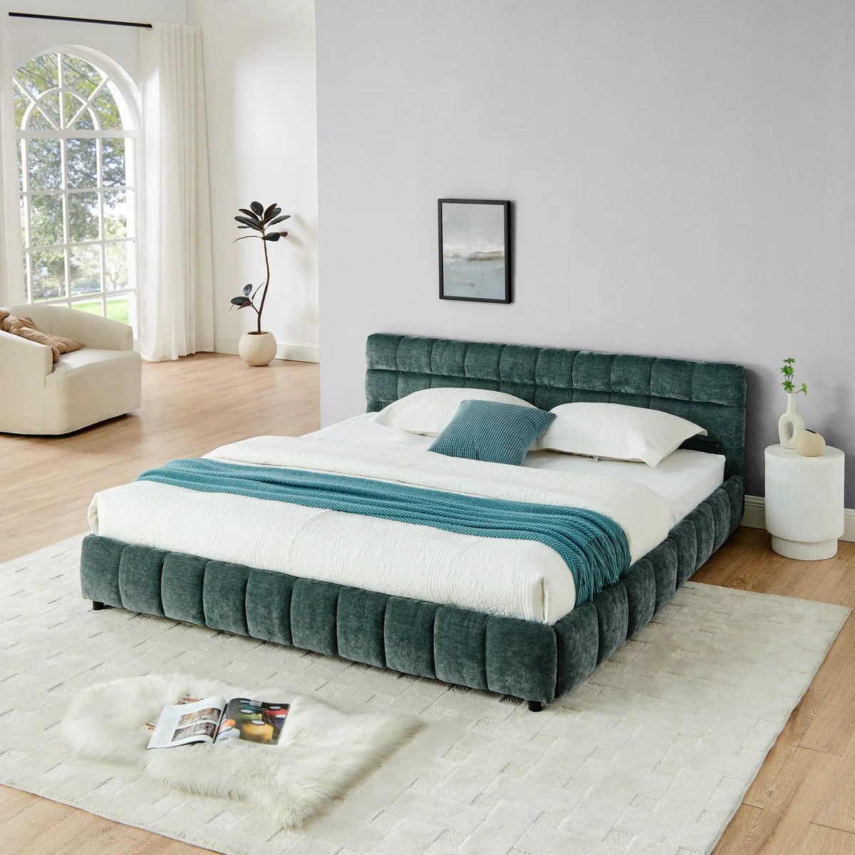 Modern Platform Storage Bed Frame | Thick Fabric Upholstery | Soft Headboard | Solid Construction