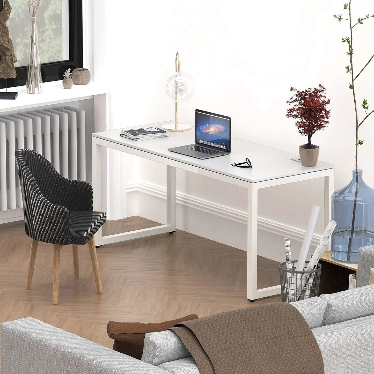 55 Inch White Computer Desk With Cord Management And Adjustable Glides from PriceLows™