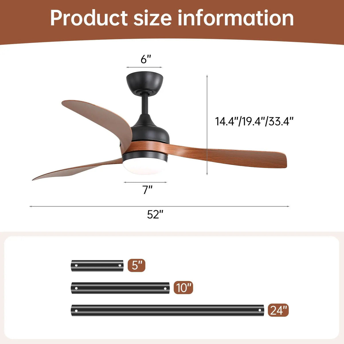 3-Blade Ceiling Fan | 52 Inch Span | Reversible DC Motor | Remote And 3 Downrods