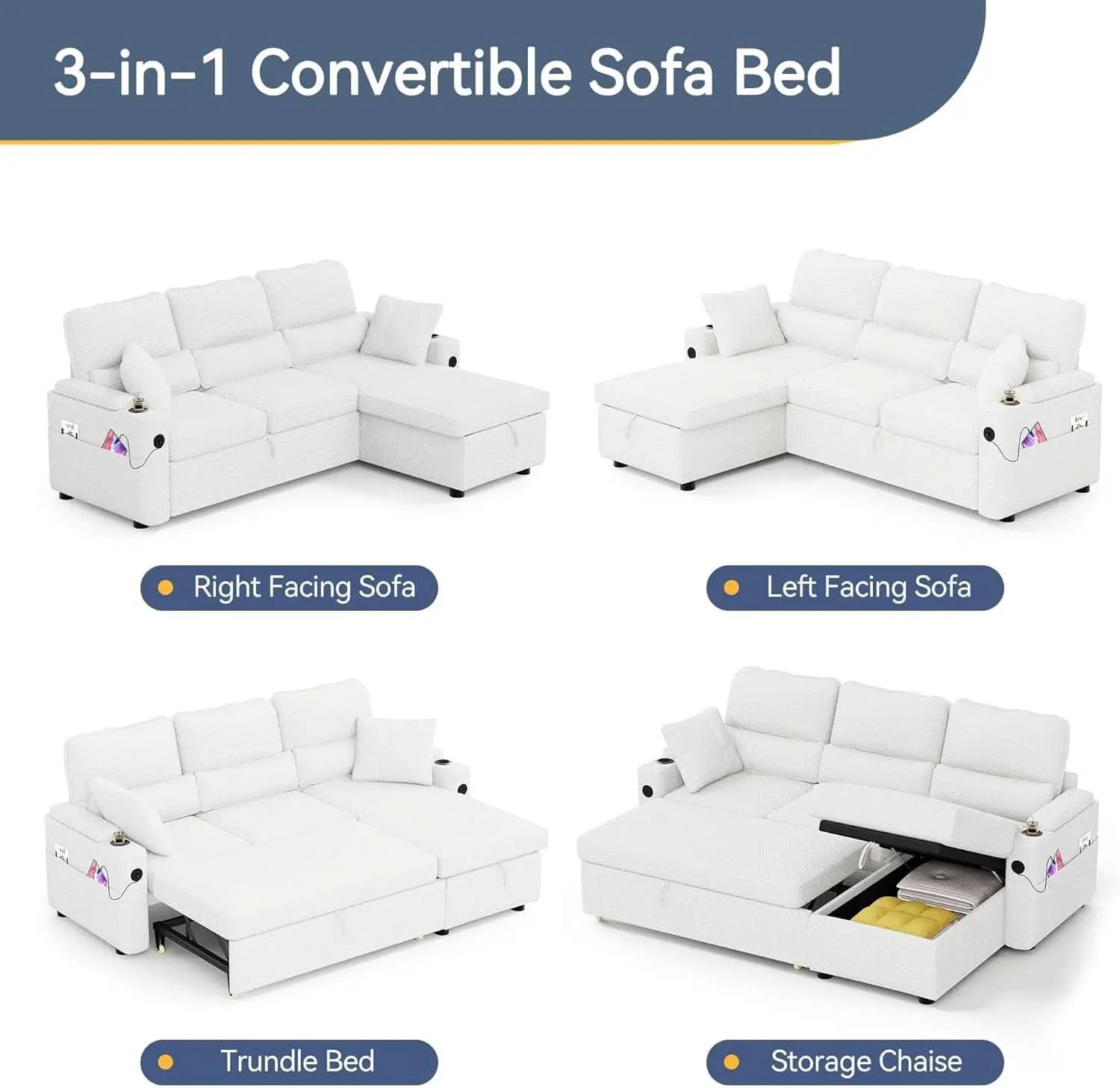 Pull Out Convertible Sofa Bed With Hidden Storage Teddy White from PriceLows™