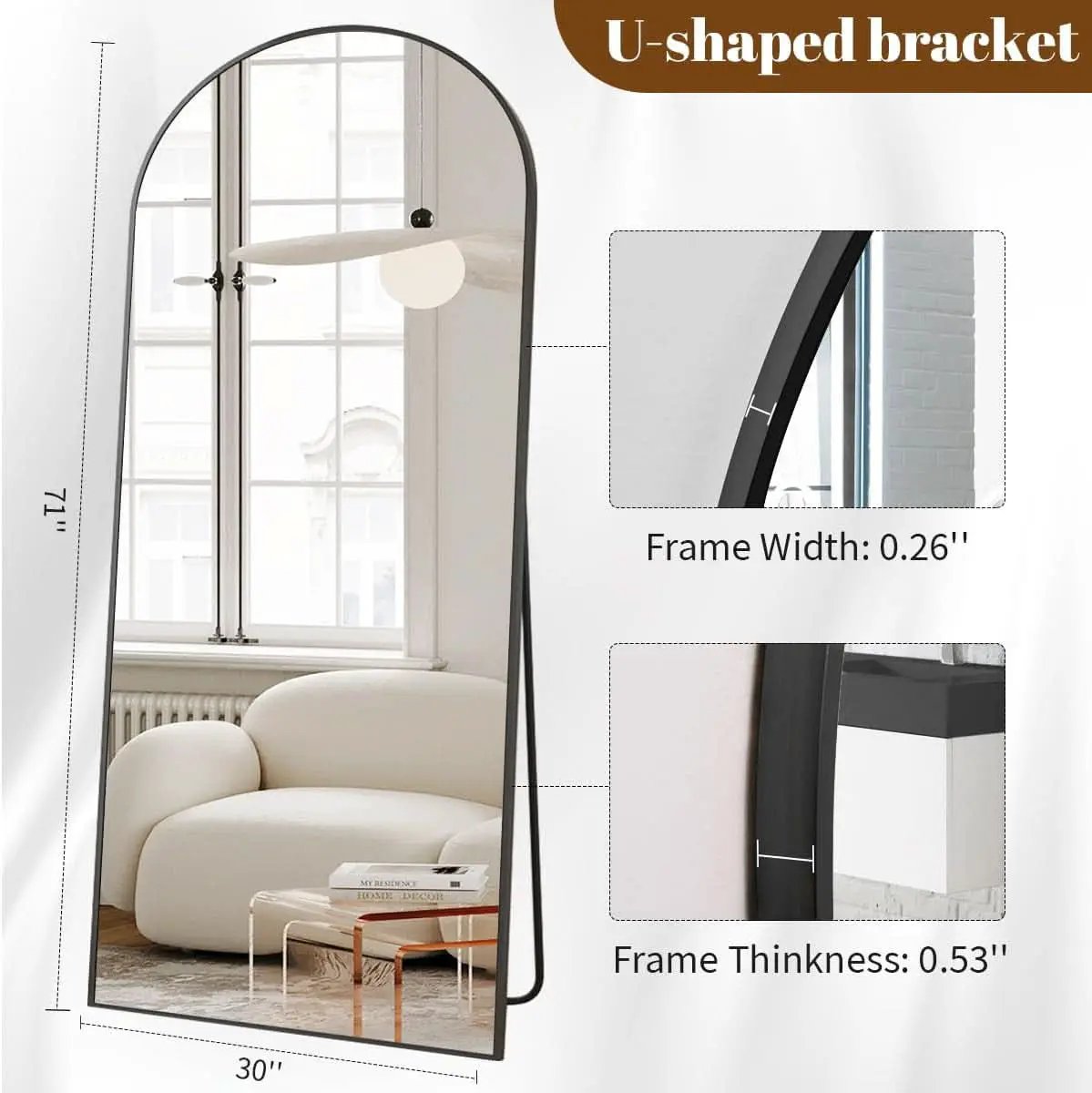 30x71 Inch Arched Full Length Mirror Black Aluminum Frame from PriceLows™